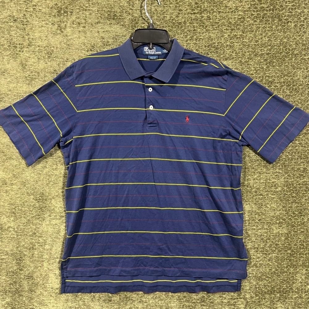 Polo Ralph Lauren Polo Shirt Mens Large Navy Blue Striped Pima Cotton Golf Fit